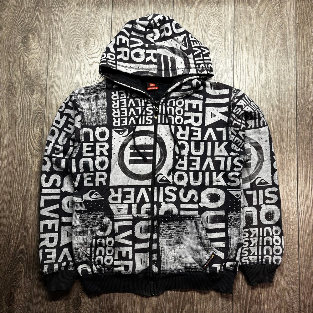 Quiksilver Y2k Mens Full Zip Hoodie Black Grey All Over Print Logo Fleece Large